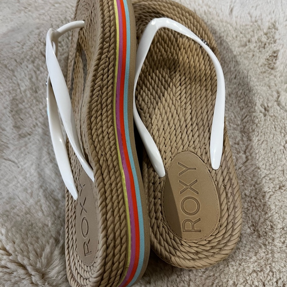 Roxy White and Tan Sandals with Colorful Stripes